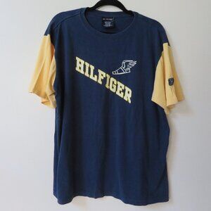 Vintage Hilfiger Flying Shoe Graphic Tee size Large 100% Cotton Navy & Yellow